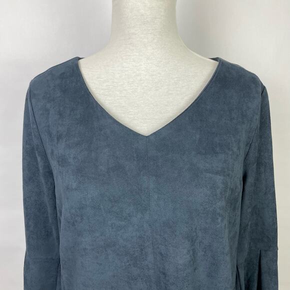 Soft Surroundings | Izzy Dark Blue Faux Vegan Suede Feminine Flouncy Top - Picture 3 of 10